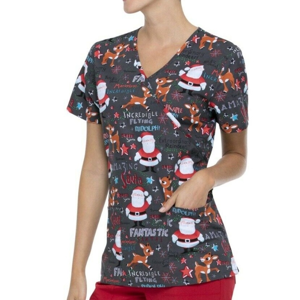 Rudolph The Red Nosed Reindeer Christmas Scrub Top Size XL Gray Red Medical